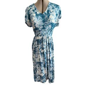 BeBop Womens M Tie-Dye Blue Midi Dress Short Sleeves Keyhole Back Smocked Waist